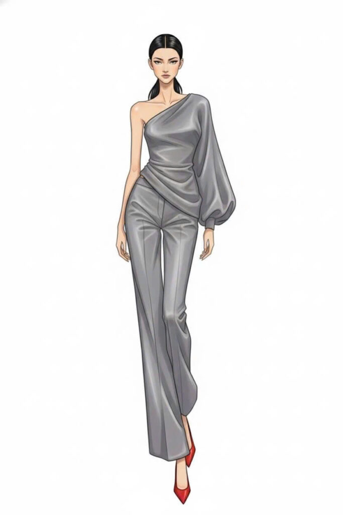 Đầm Lệch Vai Xám Bạc